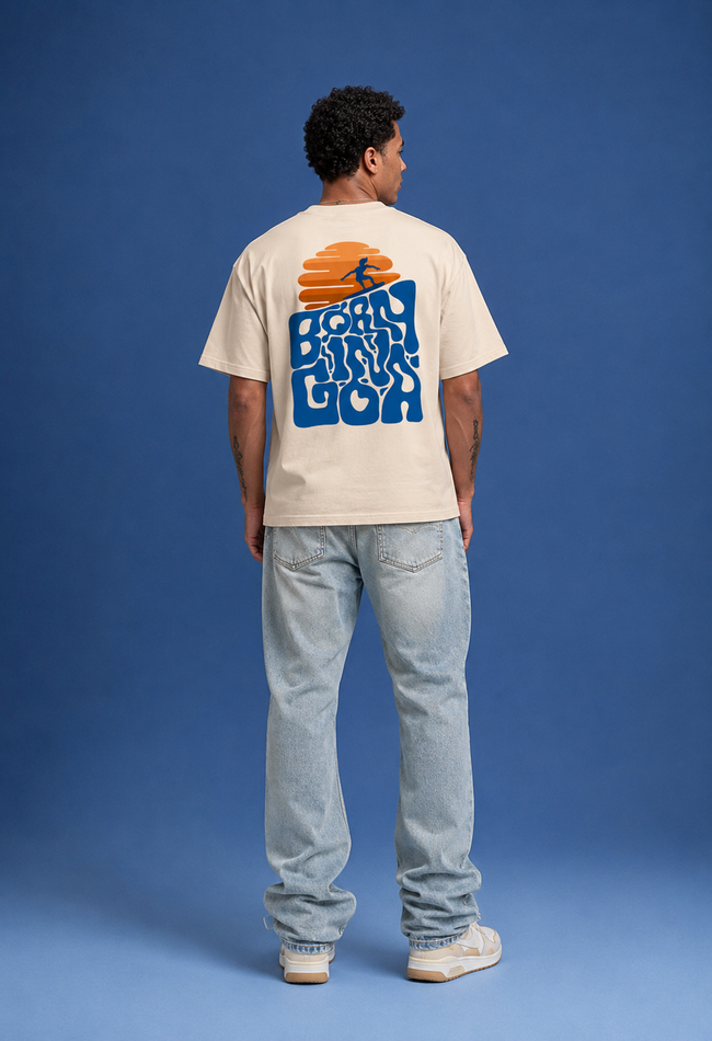 Born in Goa – Surf Life | Premium Oversized Tee – Beige