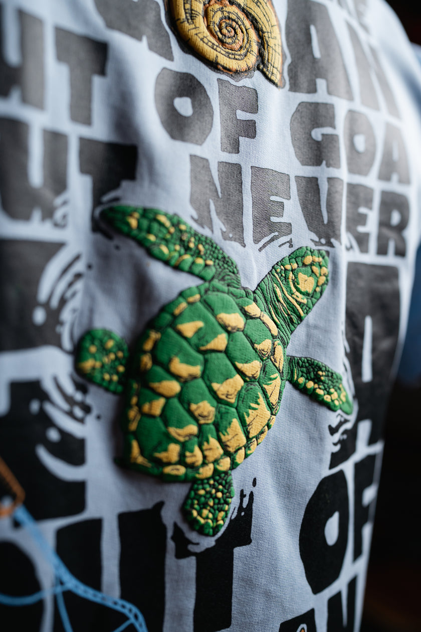 Green and yellow turtle design on a textured surface with text