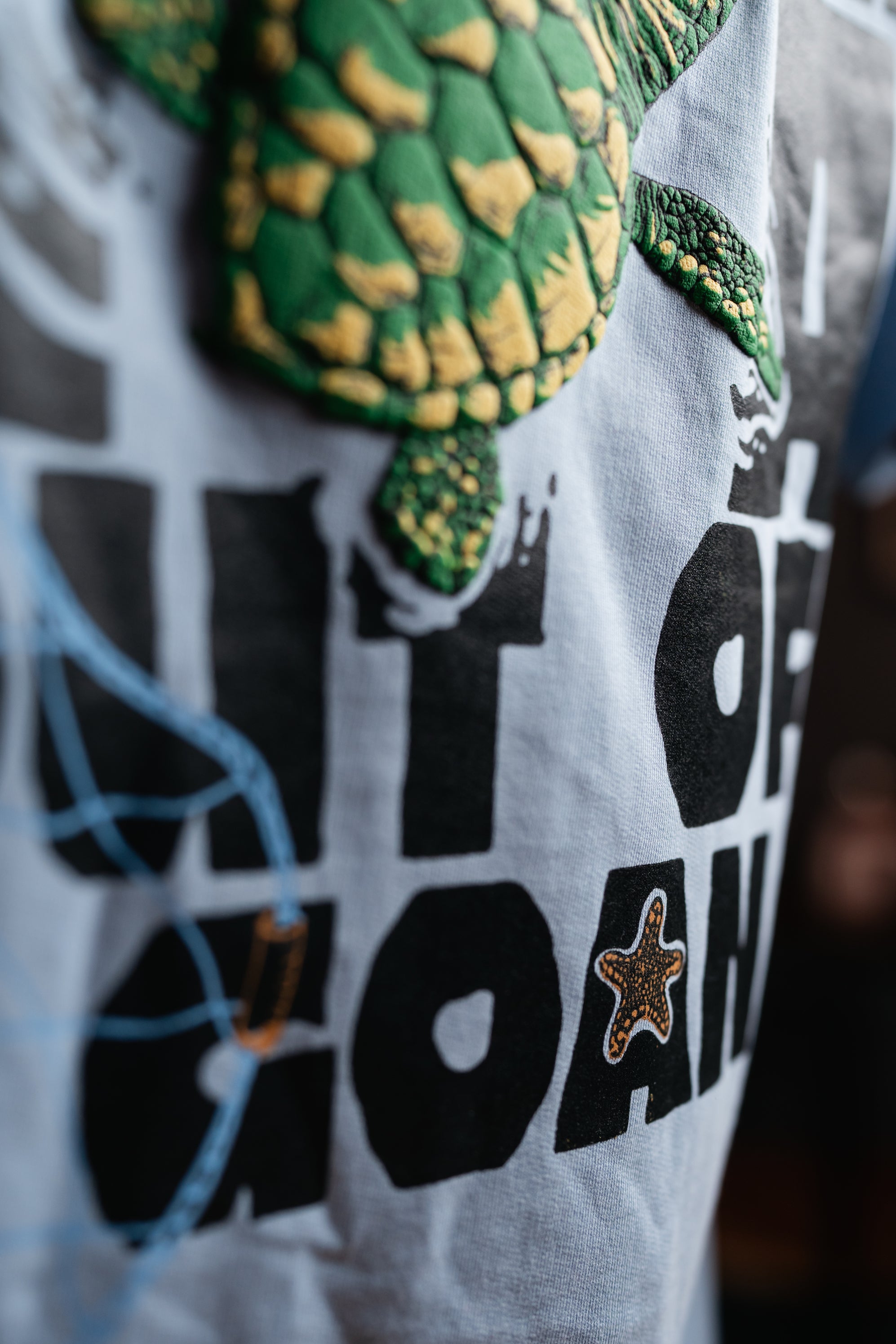 T-shirt with a turtle design and text on a blurred background