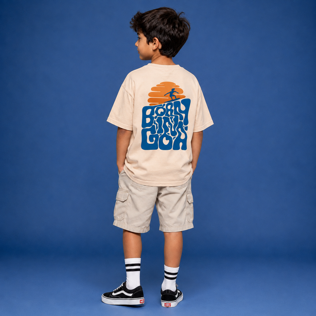Submit Born in Goa – Surf Life | Premium Oversized Tee – Beige (Kids) Active