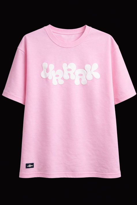 Pink urrak t-shirt with white logo on a black background