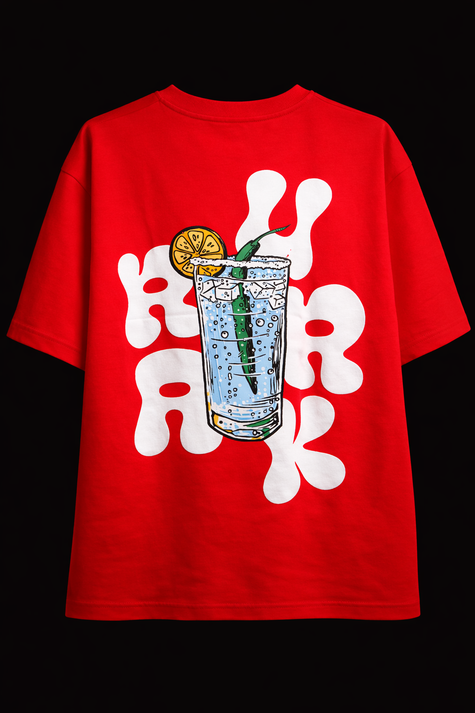 Red t-shirt with a graphic of a glass of urrak with lemon and mint on a black background