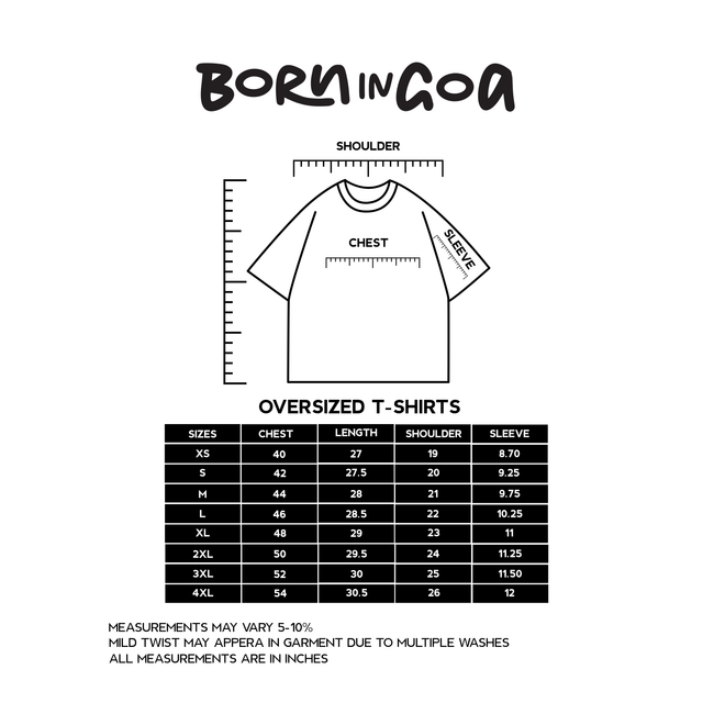 Measurement chart for oversized t-shirts with 'Born in Goa' branding.