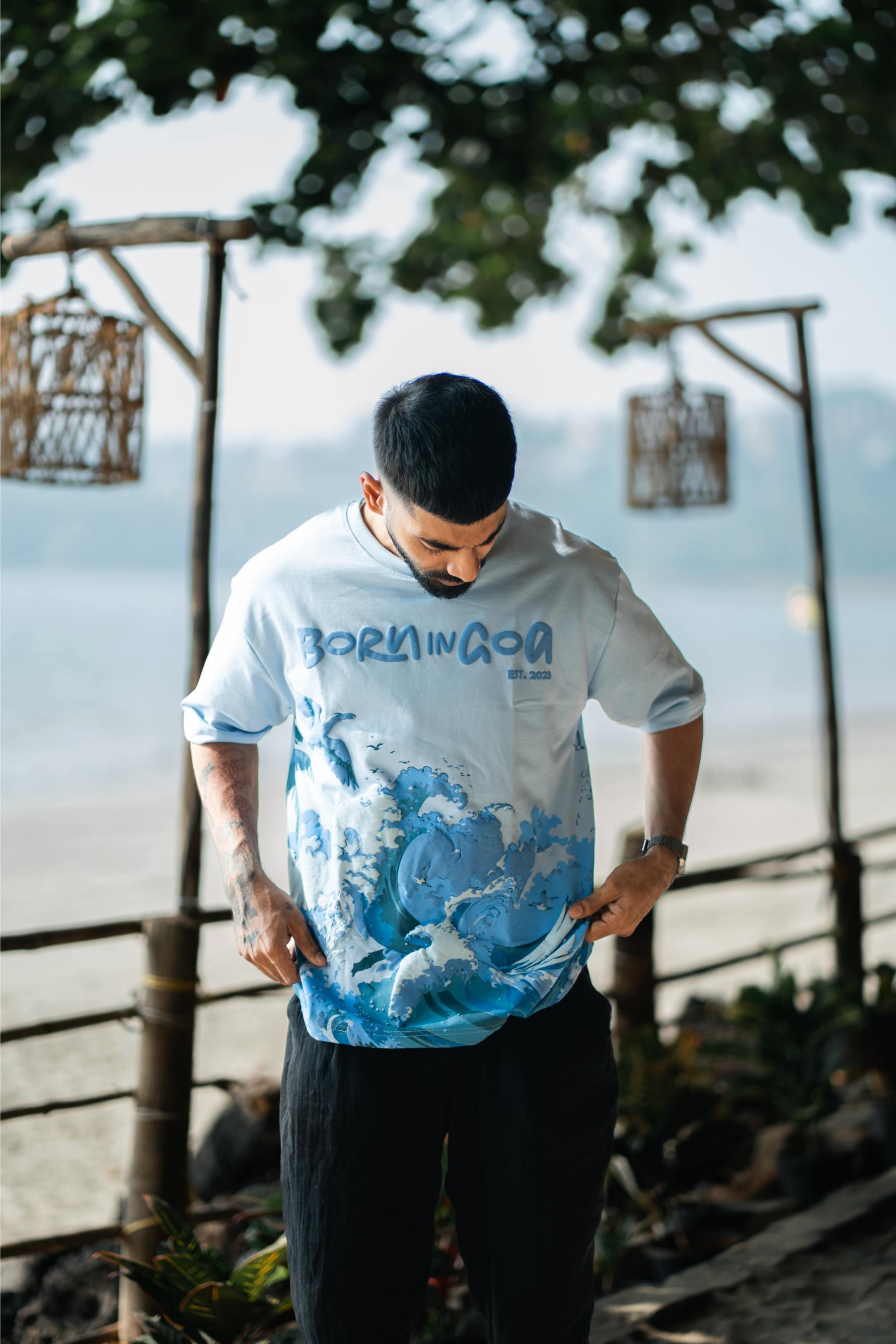 Born in Goa Sand and Sea puff print oversized t-shirt (Pale Blue)