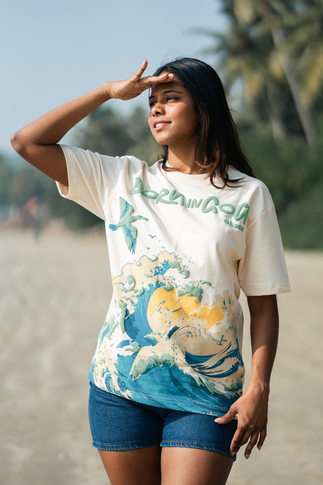 Born in Goa Sand and Sea puff print oversized t-shirt (Cream)