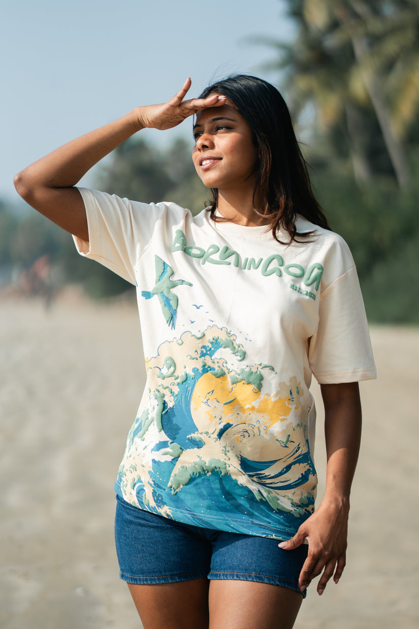 Born in Goa Sand and Sea puff print oversized t-shirt (Cream)