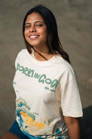 Born in Goa Sand and Sea puff print oversized t-shirt (Cream)