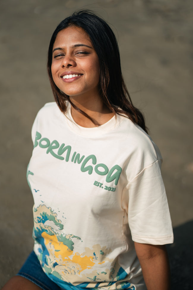 Born in Goa Sand and Sea puff print oversized t-shirt (Cream)